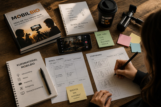 Mobilbios bok, arbetsblad, manusmall och storyboard används i filmprocessen